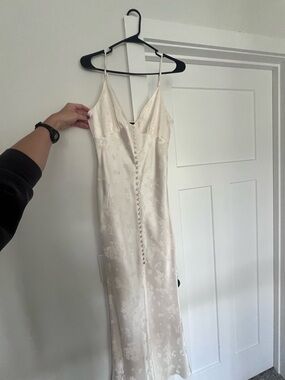 Vici Rehearsal Dinner Ivory Floral Satin Slip Dress with Front Covered Buttons